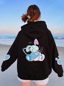 SHEIN EZwear Áo nỉ dài tay cỡ lớn in hình hoạt hình, có dây rút và lớp lót giữ nhiệt. - màu đen - Xem 1