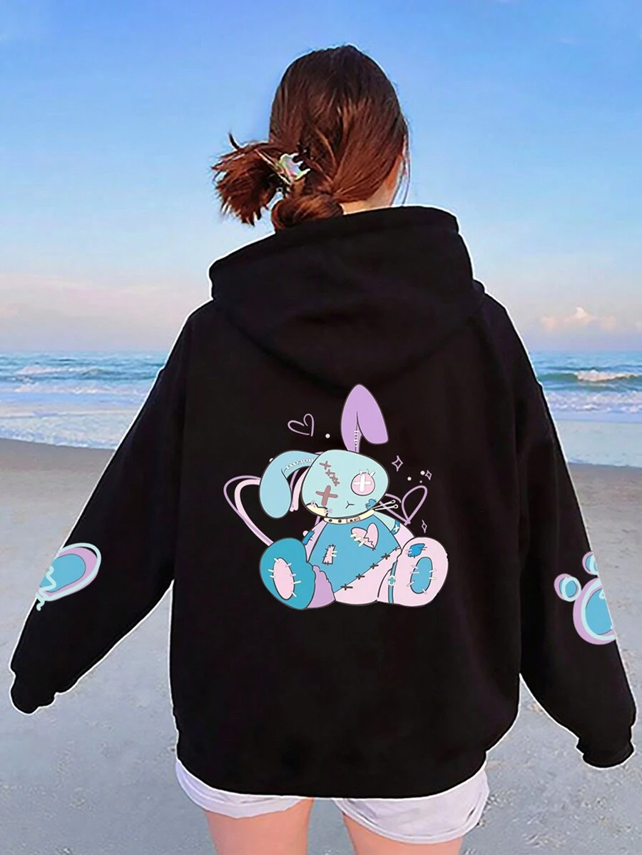 SHEIN EZwear Áo nỉ dài tay cỡ lớn in hình hoạt hình, có dây rút và lớp lót giữ nhiệt. - màu đen - Xem 1