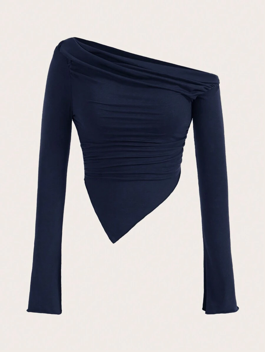 Sweetina Y2K Grunge Solid Color Asymmetrical Collar Pleated T-Shirt - Navy Blue - View 1