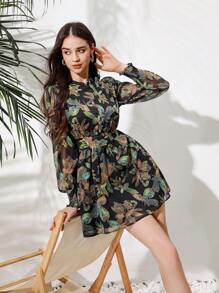 Aveloria Rosie Vestido de manga farol con estampado completo, outfit de vacaciones para mujer