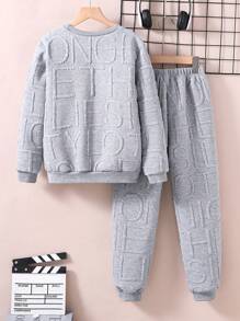 SHEIN Tween Boy Letter Texture Fabric Sweatshirt, Sweatpants And Backpack Multi-Piece Set Chic Outfits For Autumn/Winter