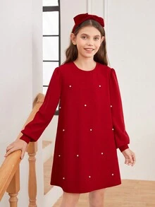 SHEIN 女孩編織純色釘珠鬆身休閒連衣裙,圓領,媽咪和我配套款式(兩件分開售賣) - 紅色 - 查看 2