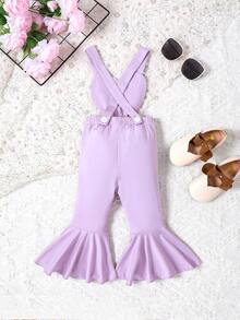 Baby Girls' Solid Color Suspender Jumpsuit With Heart Applique - Purple - View 2