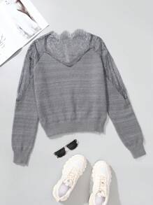 SHEIN LUNE Suéter de punto de unicolor con parches de encaje para mujer, otoño e invierno - Gris Claro - Ver 1