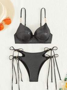 Women'S Metallic Texture Decorations Swimwear Set - Black - View 3