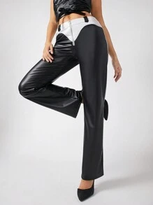Hauture Zip Front Colorblock PU Leather Pants - Multicolor - View 6
