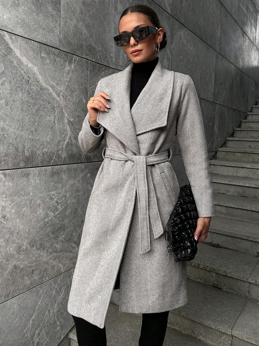 RueChic Ladies' Woolen Coat With Large Lapel & Chevron Pattern - Beige - View 1