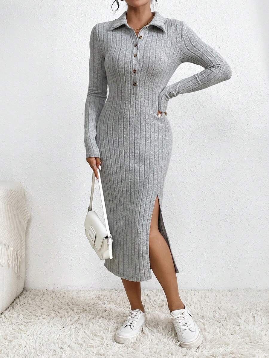 Chiquease Women's Ribbed Knit Slit Dress - Light Grey - View 1