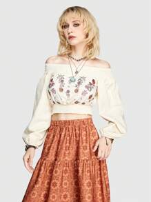 ROMWE Hippie Women's Flower Embroidery Off Shoulder Cropped Shirt - Apricot - View 7