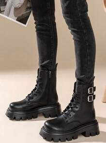 Women Casual Lace-Up Black Boots, Versatile, Lightweight, Comfortable And Convenient For Outdoor Wear