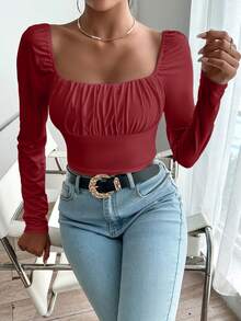 SHEIN Privé Square Neck Ruched Bust Crop White Tee - Burgundy - View 6