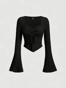 SHEIN MOD Black Bell Sleeves Drawstring Texture Women's Long Sleeve T-Shirt With Asymmetric Hemline