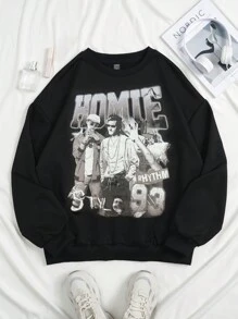 SHEIN EZwear 街头风格字母与肖像印花超大女士圆领落肩运动衫 - 黑色 - 查看 1