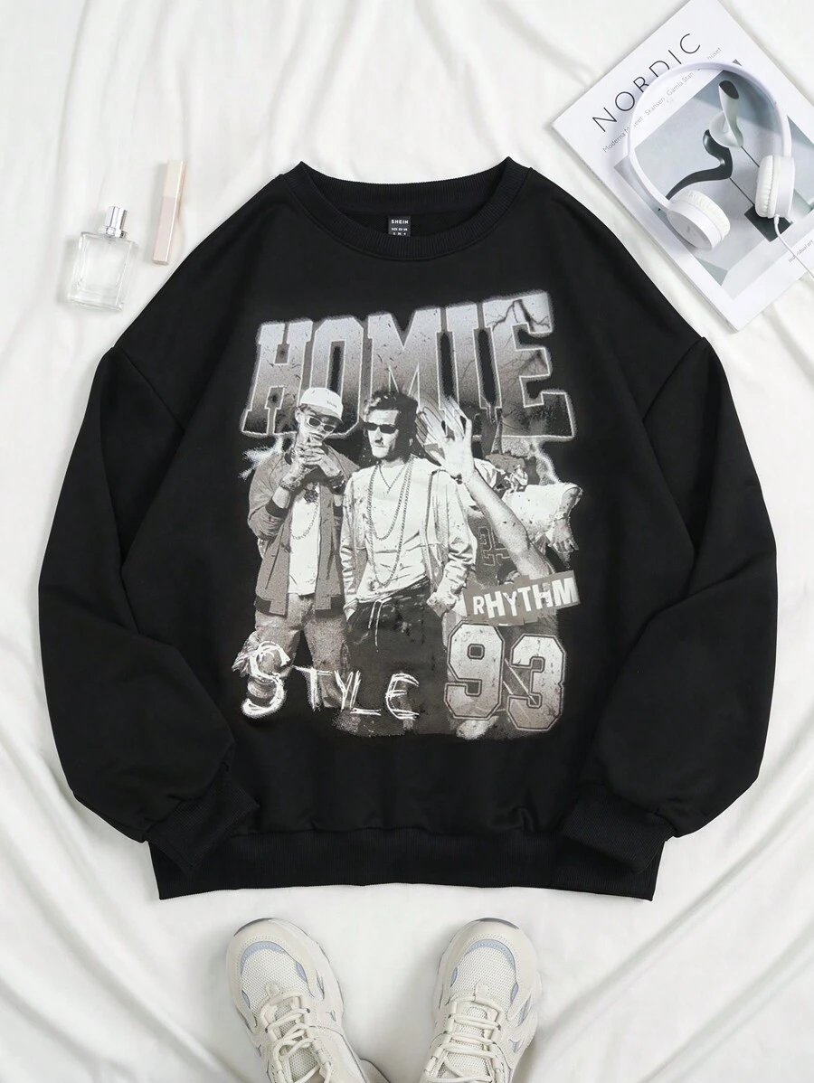 SHEIN EZwear 街头风格字母与肖像印花超大女士圆领落肩运动衫 - 黑色 - 查看 1