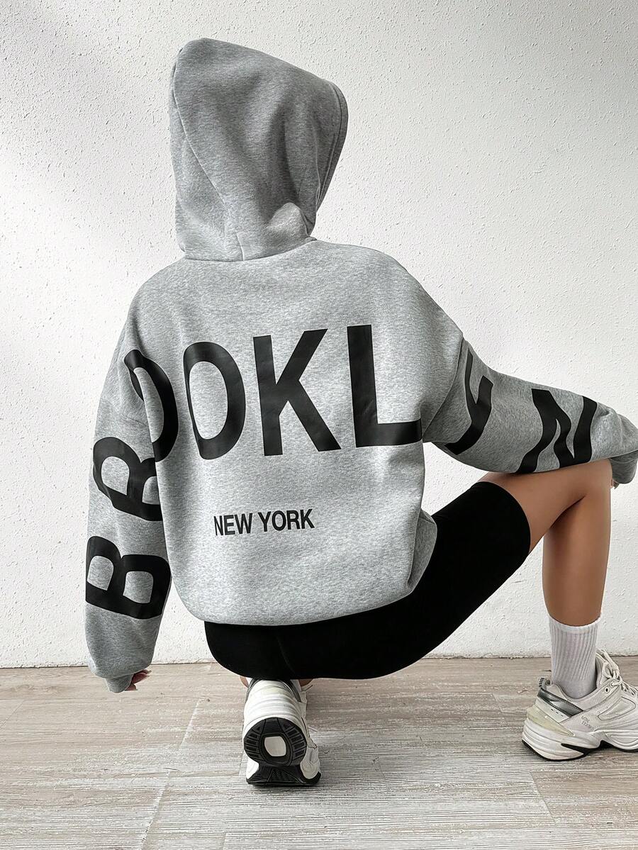 SHEIN Unity Slogan Print Drop Shoulder Hoodie - Grey - View 1