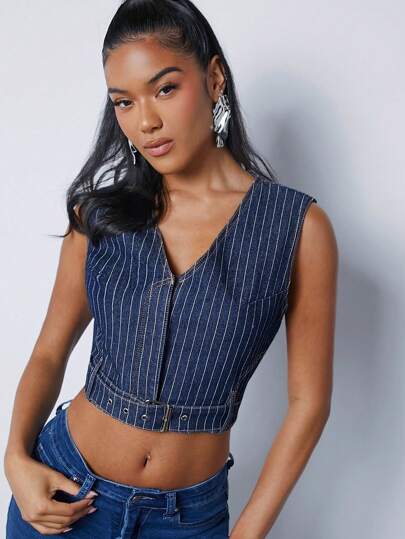 Denimoi Pinstripe Buckle Waist Sleeveless Denim Top