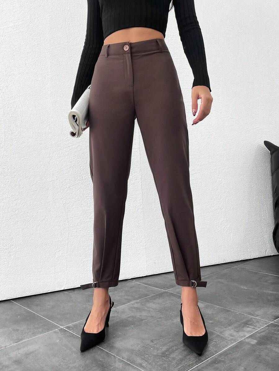 SHEIN Cottnline Ladies' Skinny Pants With Buckle Design At Hem - Brown - View 1