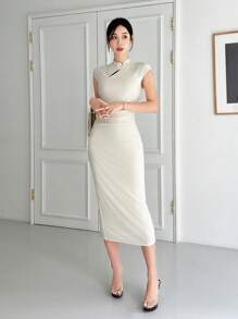 EastFlair Nuevo Vestido Blanco Estilo Chino Con Cuello Mao Para Vacacionar, Día De San Valentín, Citas Y Ajuste De Cuerpo Elástico Para Mujeres - Albaricoque - Ver 5