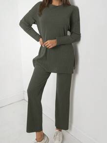 Drop Shoulder Split Hem Tee & Pants - xanh quân đội - Xem 4