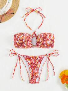 SHEIN Swim Sommer Damen Bikini Set mit Blumendruck und Trägerhals, Neuheit - Verschiedenfarbig - Übersicht 1