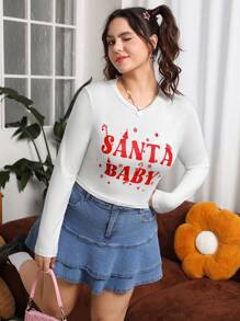 SHEIN EZwear Langarm T-shirt Mit Aufdruck Und Schmaler Passform Buchstabe Muster