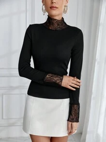 SHEIN Privé Lace Trimmed Long Sleeve T-shirt