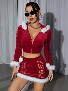 SHEIN ICON Spliced Hoodie Jacket And Skirt Two Piece Set