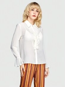 ROMWE Hippie Women's Solid Color Ruffle Trim Decorated Fashionable Blouse - Apricot - View 4