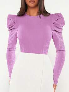 SHEIN Tall Của phụ nữ Textured Chất vải Tay áo chân cừu Áo sơ mi - Màu Lilac Tím - Xem 4