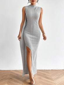 SHEIN Privé Ribbed Sleeveless Split Hem Knitted Dress - Light Grey - View 3