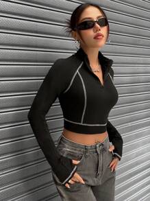 SHEIN Unity 縫合細節拉鍊半拉基底短袖t恤