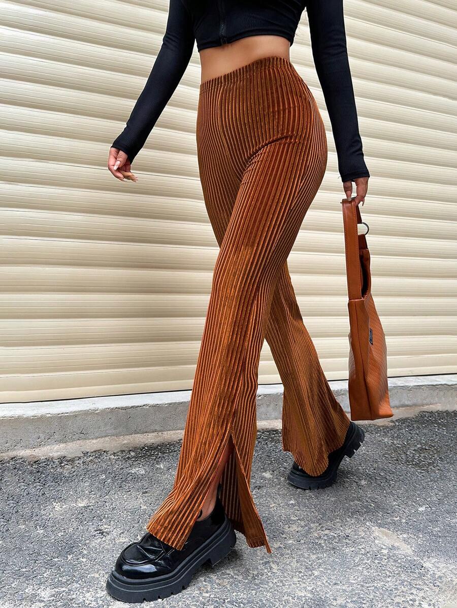 SHEIN Unity High Waisted Flared Corduroy Pants - Burnt Orange - View 1