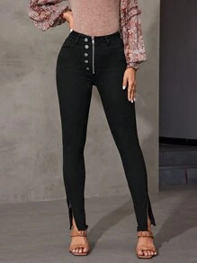 SHEIN Essnce 鈕扣裝飾和分割式下擺的牛仔褲 - 黑色 - 查看 4