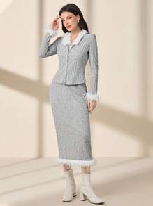 Modelyn Conjunto De Falda Y Top De Punto Con Cremallera De Canalé De Fuzzy Decor - Gris - Ver 2