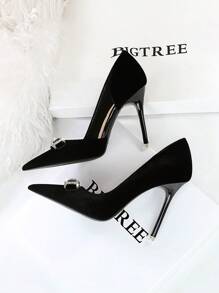 欧美风格高跟鞋，加厚绒面，低鞋面，尖头，水钻扣，侧面镂空高跟鞋 - 黑色 - 查看 4