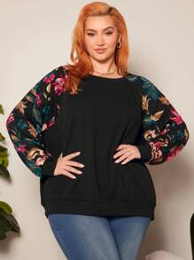 SHEIN CURVE+ Plus Size Women'S Floral Raglan Sleeve Sweatshirt - Black - View 4