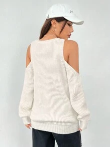 SHEIN EZwear Women's Open Shoulder Sweater With Letter Embroidery - White - View 2