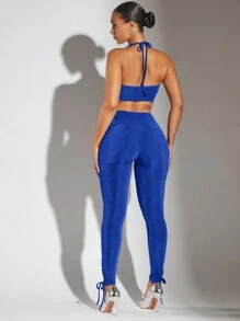 SHEIN BAE 女士無袖純色空心露背領口上衣搭配彈性腰帶緊身褲兩件套 - 寶藍色 - 查看 2