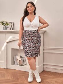 SHEIN Frenchy Plus Size Solid Color Lace Trim Drawstring Tank White Top - White - View 4