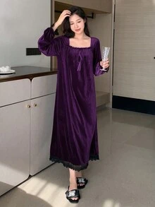 女士絲絨甜心領睡衣裙 - 紫色 - 查看 3