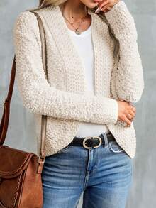 Astylish Chunky Knit Long Sleeve Open Front Sweaters Cardigans - Apricot - View 5