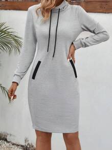 SHEIN LUNE Chi tiết dây kéo Thon gọn Giải trí Đầm nỉ - Xám - Xem 4