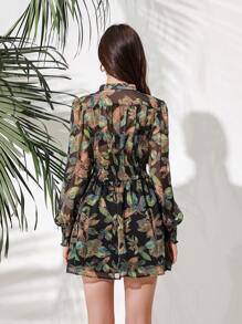 Aveloria Rosie Vestido de manga farol con estampado completo, outfit de vacaciones para mujer