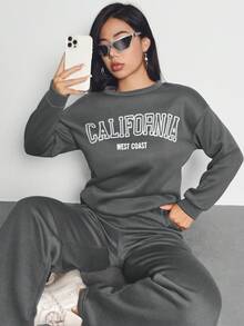 SHEIN Unity 女士字母印花下垂肩運動衫和長褲套裝 - 深灰色 - 查看 5