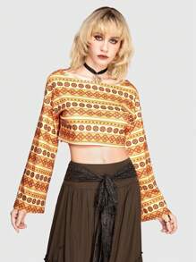 ROMWE Hippie Geometrisches Muster Glockenärmel-t-shirt Für Frauen