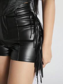 SHEIN PETITE Shorts Ajustados De Patchwork Con Flecos De Pu - Negro - Ver 5