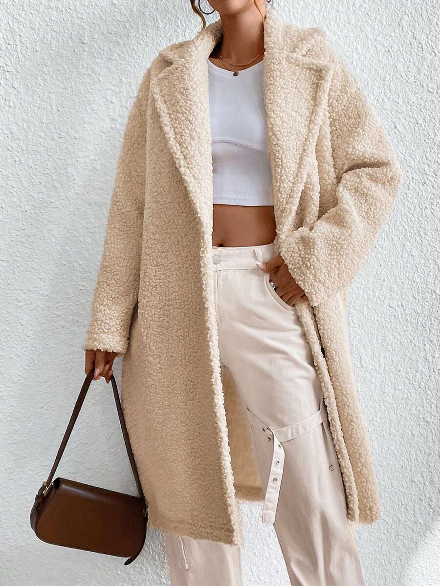 SHEIN Unity Cổ áo Thả vai Flannelette áo - Màu be - Xem 1