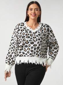 SHEIN Unity Plus Size Women's Leopard Print Hem Distressed Sweater - Multicolor - View 7