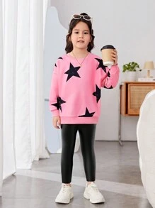 SHEIN 2pcs/Set Young Girl Sporty And Sweet Love Print Printed Knitted Round Neck Sweatshirt With Leggings, Buy 1 Get 1 Free, Great For Casual & Daily Wear & School Daily In Spring And Autumn,Valentine's Day,Mom And Daughter Matching,Sister And Me Matching