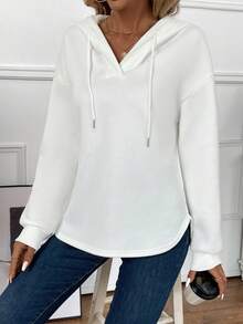 SHEIN LUNE Sudadera Con Capucha Y Cordón Con Hombro Caído En Color Sólido Para Mujer - Blanco - Ver 6